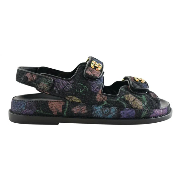 Chanel 21A Black Denim Graffiti CC Logo Mule Slide Strap Flat Dad Sandal 36.5 - Picture 1 of 12